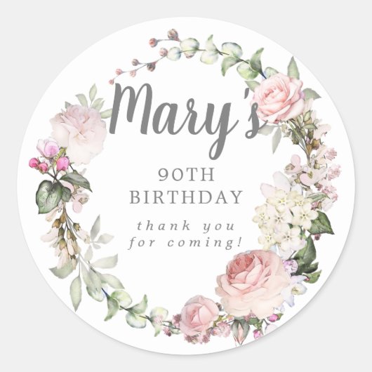 Rustic Pink Floral 90th Birthday Hartelijk dank Ronde Sticker (Voorkant)