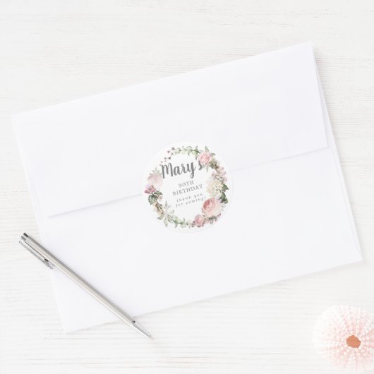 Rustic Pink Floral 90th Birthday Hartelijk dank Ronde Sticker (Envelop)