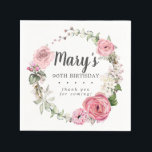 Rustic Pink Floral 90th Birthday Party Napkins Servet<br><div class="desc">Zachte roze rozen en roze roze roze buisjes creëer een prachtig rustige florale kreet. Witte hydrangeas bij de florale bloei. De naam van de verjaardagsvrouw wordt geschreven in een grote manuscriptdoopvont. 90ste verjaardag en de dankbetuigingen volgen. Deze verjaardagsservet maakt deel uit van het 90e Birthday Pink Rose Floral collectie. Het...</div>