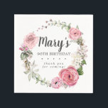 Rustic Pink Floral 90th Birthday Party Napkins Servet<br><div class="desc">Zachte roze rozen en roze roze roze buisjes creëer een prachtig rustige florale kreet. Witte hydrangeas bij de florale bloei. De naam van de verjaardagsvrouw wordt geschreven in een grote manuscriptdoopvont. 90ste verjaardag en de dankbetuigingen volgen. Deze verjaardagsservet maakt deel uit van het 90e Birthday Pink Rose Floral collectie. Het...</div>