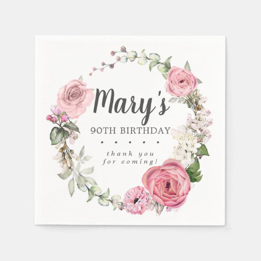 Rustic Pink Floral 90th Birthday Party Napkins Servet (Voorkant)