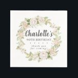 Rustic Pink Floral 90th Birthday Party Napkins Servet<br><div class="desc">Zachte roze rozen en roze roze roze buisjes creëer een prachtig rustige florale kreet. Witte hydrangeas bij de florale bloei. De naam van de verjaardagsvrouw wordt geschreven in een grote manuscriptdoopvont. 90ste verjaardag en de dankbetuigingen volgen. Deze verjaardagsservet maakt deel uit van het 90e Birthday Pink Rose Floral collectie.</div>