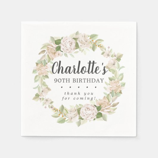 Rustic Pink Floral 90th Birthday Party Napkins Servet (Voorkant)