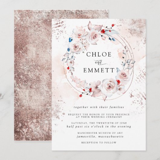 Rustic Pink Floral and Gold Wedding Kaart (Voorkant / Achterkant)