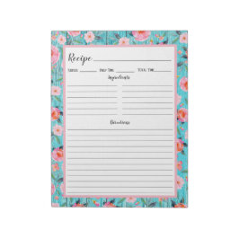 Rustic Pink Floral Aqua Wood Recipe Notitieblok