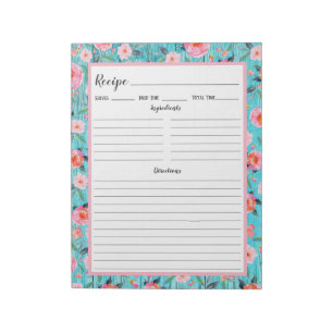 Rustic Pink Floral Aqua Wood Recipe Notitieblok