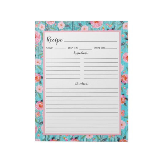 Rustic Pink Floral Aqua Wood Recipe Notitieblok (Linkerzijde)