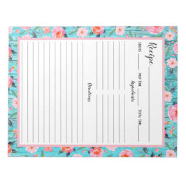 Rustic Pink Floral Aqua Wood Recipe Notitieblok