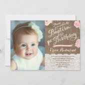 Rustic Pink Floral Baptism 1e verjaardag Kaart (Voorkant)