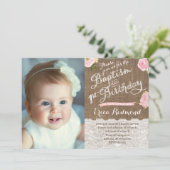 Rustic Pink Floral Baptism 1e verjaardag Kaart (Staand voorkant)