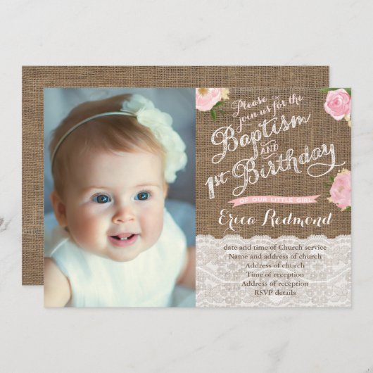 Rustic Pink Floral Baptism 1e verjaardag Kaart (Voorkant / Achterkant)