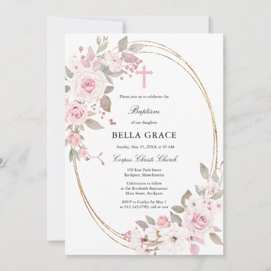 Rustic Pink Floral Baptisme Kaart (Voorkant)