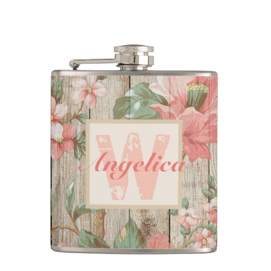 Rustic Pink Floral Barn Wood Monogram Heupfles (Voorkant)