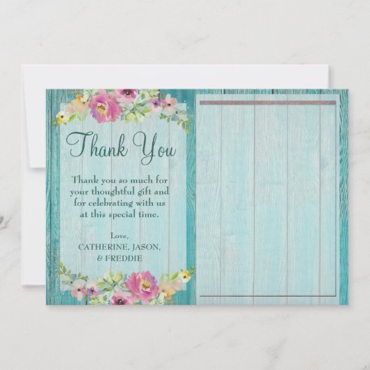 Rustic Pink Floral Blue Wood Baby shower Hartelijk Bedankkaart (Voorkant)