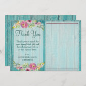 Rustic Pink Floral Blue Wood Baby shower Hartelijk Bedankkaart (Voorkant / Achterkant)