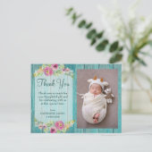 Rustic Pink Floral Blue Wood Baby shower Hartelijk Briefkaart (Staand voorkant)