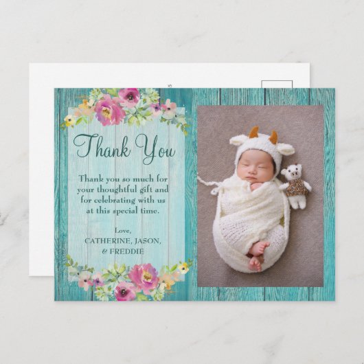 Rustic Pink Floral Blue Wood Baby shower Hartelijk Briefkaart (Voorkant / Achterkant)