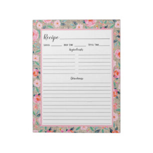 Rustic Pink Floral Burlap Recipe Notitieblok