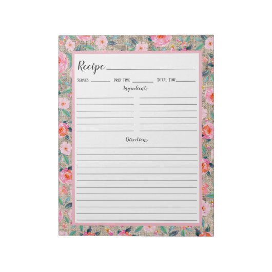 Rustic Pink Floral Burlap Recipe Notitieblok (Linkerzijde)