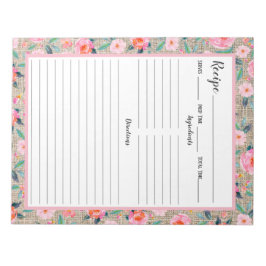 Rustic Pink Floral Burlap Recipe Notitieblok