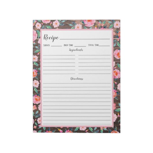 Rustic Pink Floral Dark Wood Recipe Notitieblok (Linkerzijde)