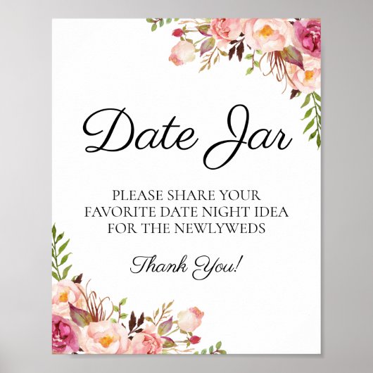 Rustic Pink Floral Date Jar Sign Weddenschap Poster (Voorkant)