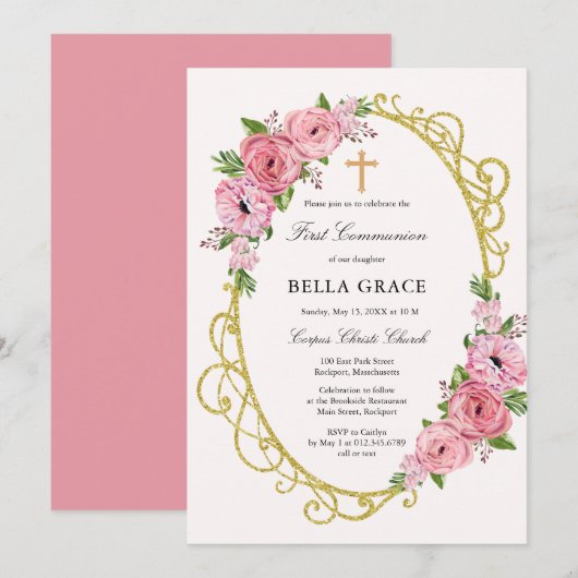 Rustic Pink Floral Eerste Heilige Communauteit Kaart (Voorkant / Achterkant)