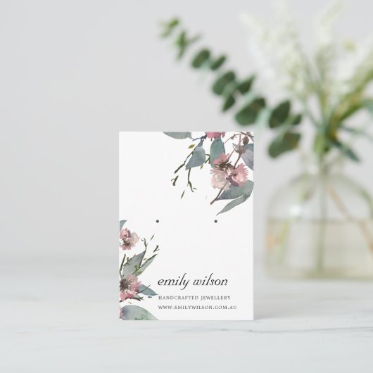RUSTIC PINK FLORAL EUCALYPTUS EARRING STUD DISPLAY VISITEKAARTJE (Staand voorkant)