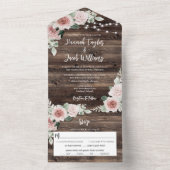 Rustic Pink Floral Eucalyptus String Light Wedding All In One Uitnodiging (Binnen)