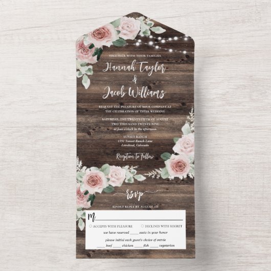 Rustic Pink Floral Eucalyptus String Light Wedding All In One Uitnodiging (Binnen)