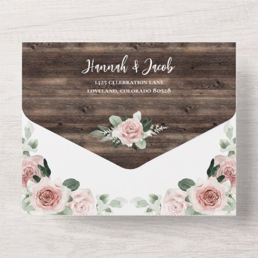 Rustic Pink Floral Eucalyptus String Light Wedding All In One Uitnodiging (Achterkant)