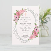 Rustic Pink Floral First Heilige Communie Kaart (Staand voorkant)