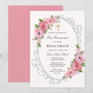 Rustic Pink Floral First Heilige Communie Kaart