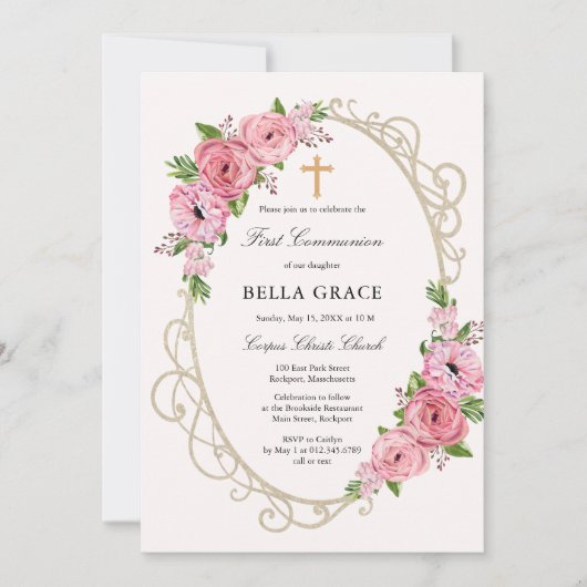 Rustic Pink Floral First Heilige Communie Kaart (Voorkant)