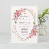 Rustic Pink Floral First Heilige Communie Kaart (Staand voorkant)