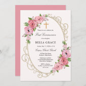 Rustic Pink Floral First Heilige Communie Kaart (Voorkant / Achterkant)