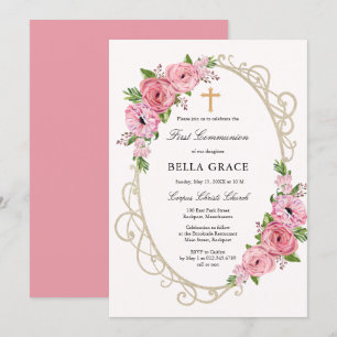 Rustic Pink Floral First Heilige Communie Kaart