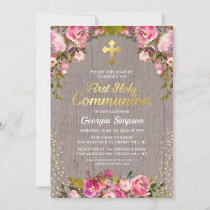 Rustic Pink Floral First Heilige Communie Kaart