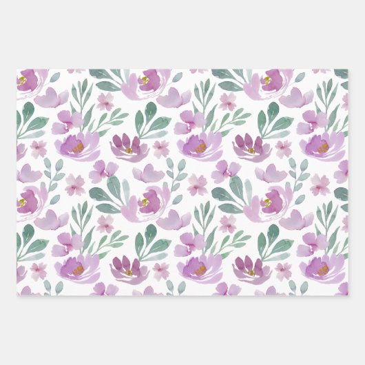 Rustic Pink Floral & Foliage Waterverf Patroon Inpakpapier Vel (Voorkant 2)