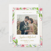 Rustic Pink Floral Foto bewaart de uitnodiging op  (Voorkant / Achterkant)