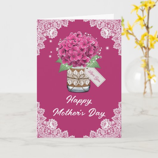 Rustic Pink Floral Lace Moederdag Kaart (Gele Bloem)