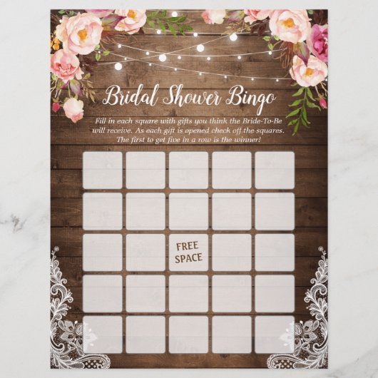 Rustic Pink Floral Lace Vrijgezellenfeest Bingo Ga Flyer (Voorkant)