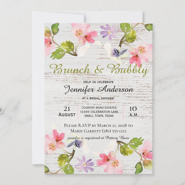 Rustic Pink Floral on White Wood Bridal Brunch (Voorkant)