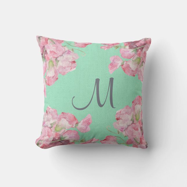 Rustic Pink Floral op Mint Green Burlap Monogram Kussen (Voorkant)