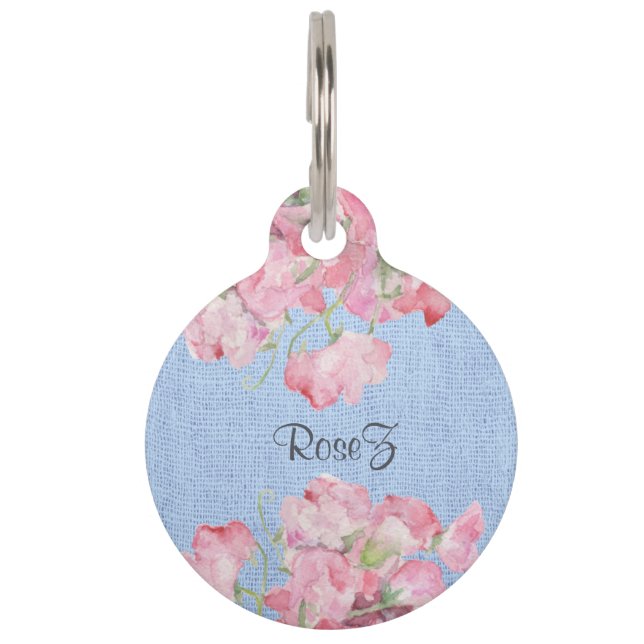 Rustic Pink Floral op Serenity Blue Burlap Huisdierpenning (Voorkant)