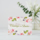 Rustic Pink Floral op White Wood Verander de datum Briefkaart (Staand voorkant)