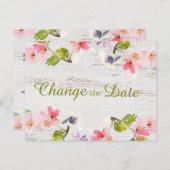 Rustic Pink Floral op White Wood Verander de datum Briefkaart (Voorkant / Achterkant)