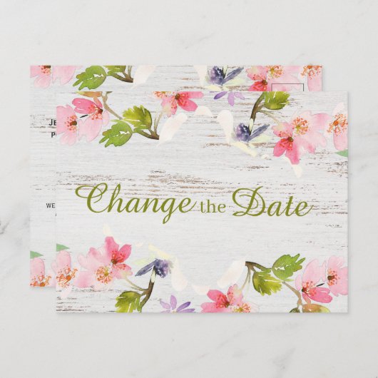 Rustic Pink Floral op White Wood Verander de datum Briefkaart (Voorkant / Achterkant)