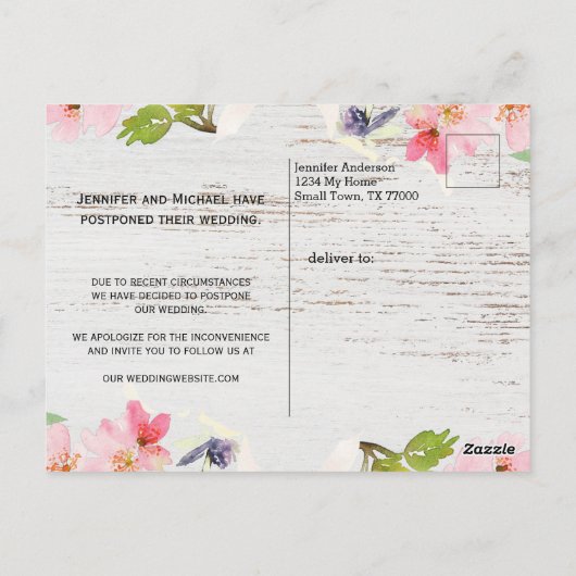 Rustic Pink Floral op White Wood Verander de datum Briefkaart (Achterkant)