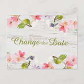 Rustic Pink Floral op White Wood Verander de datum Briefkaart (Voorkant)